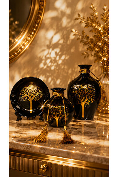 ALRASHED Gold Hayat Ağacı Desenli Porselen Dekoratif Vazo ve Tabak Seti – 3 P...