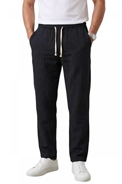 Rizz up Men's Black Striped Textured Relaxed Fit Summer Sports Trousers – Lig...
