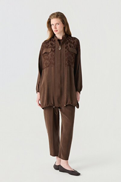 Zühre Zippered Pattern Detailed Drawstring Coffee Jacket 0188