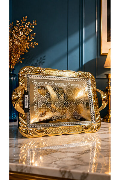 ALRASHED Lüks Gold Gümüş İşlemeli Kulplu Dikdörtgen Sunum Tepsisi 40x28 cm – ...