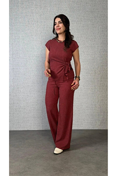 Generic Brand Women's Short Sleeve Crew Neck Side Tie Wrinkle Blouse and Trou...