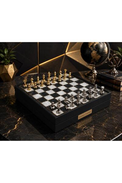 e-life shop Kişiye Özel Lüks Metal Satranç Takımı Mermer Desenli Sandıklı Pre...