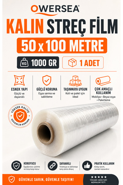 Owersea Palet Streç 1000 gr 50 x 200 1kg ultra Büyük Eşya Mobilya Sarma Korum...