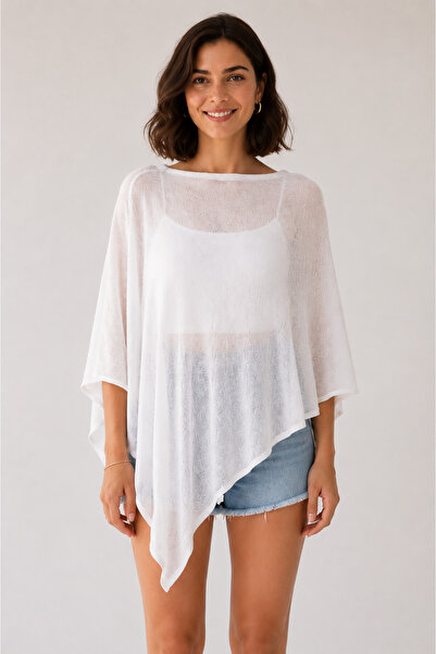 Sebir Moda Asymmetrical Cut Transparent Summer Knitwear Poncho