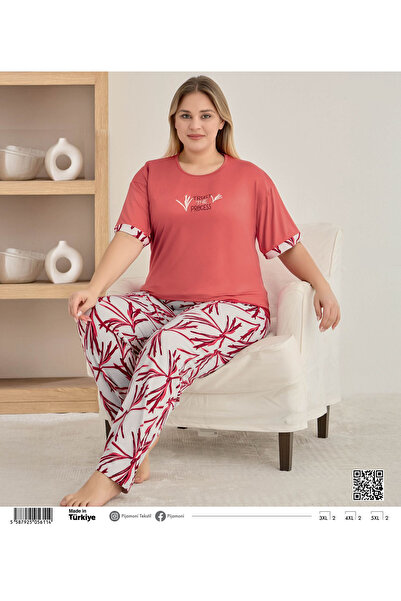 Pijamoni Büyük Beden Bambu Milan Kumaş Nar Çiçaği Renkli Kısa Kollu Kadın Pij...