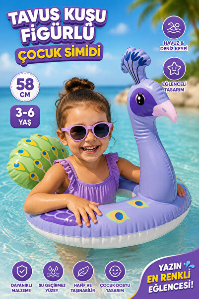 viyol marketim Tavus Kuşu Figürlü Çocuk Şişme Simit 58 cm – Havuz Simidi, Den...