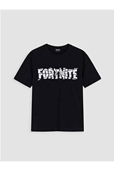LC Waikiki تي شيرت للأولاد مطبوع عليه Fortnite ذو ياقة دائرية باللون الأسود م...