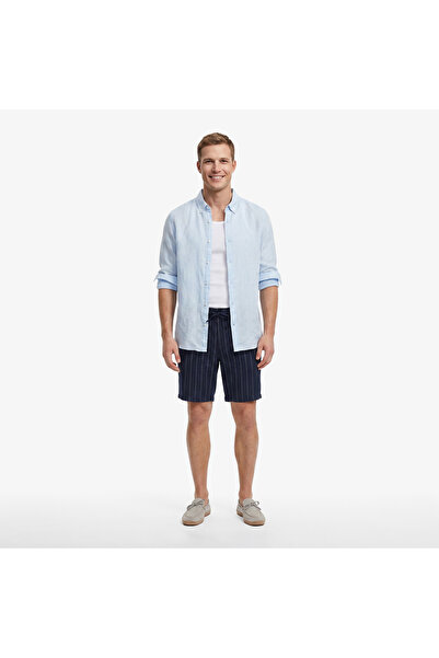 Nautica Erkek Lacivert Regular Fit Çizgili Keten Şort