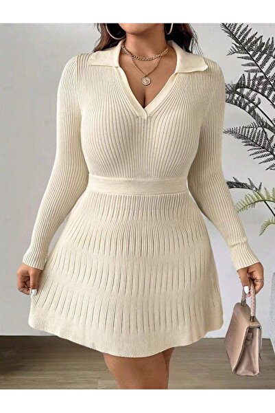 Iuliashop Cream Knitted Dammaris Short Dress - Plus Sizes - 44