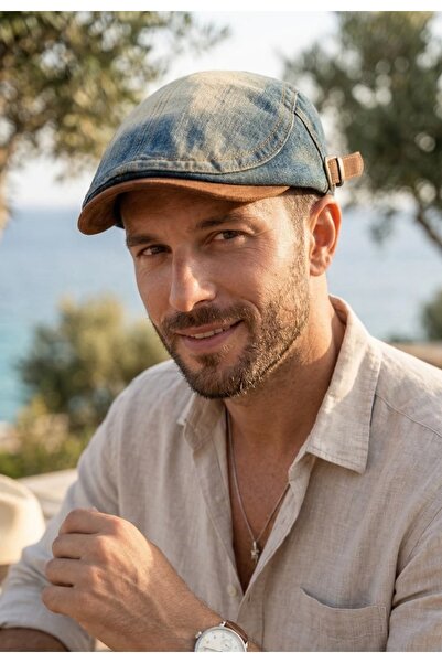 Hat Town Vintage Denim Cap - Flat Cap with Adjustable Buckle and Suede Visor