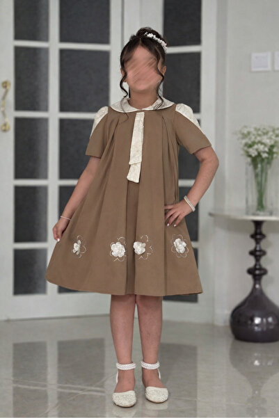 OEMS Girl Child Brown Dress with Floral Embroidery on Bottom - 6 Years Old -