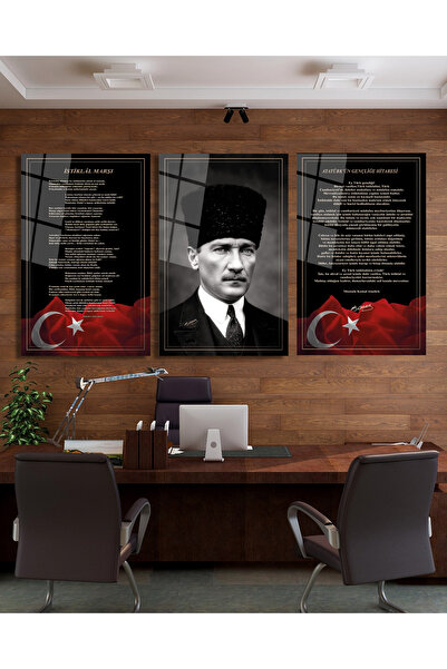 home dekors Atatürk, İstiklal Marşı ve Gençliğe Hitabe 3'lü Cam Tablo Seti - ...
