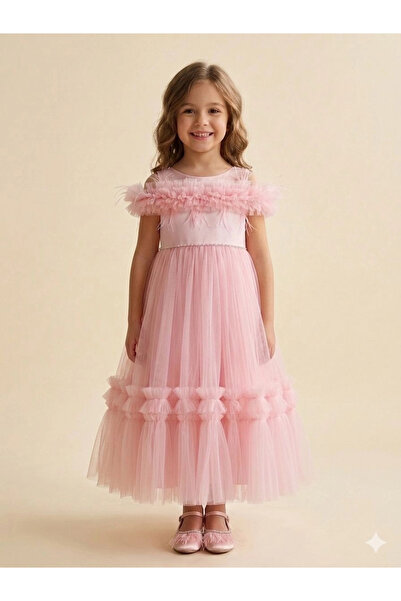 Orca Kids Fashion 2-10 Ruffled Feather Detailed Maxi Evening Dress Pink