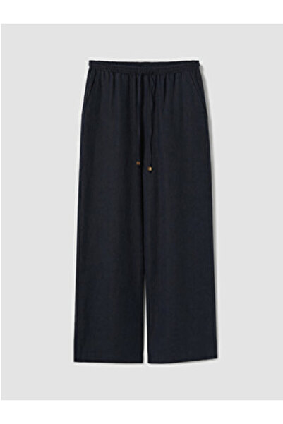 LC Waikiki New Season Navy Blue 100% Linen Women's Trousers with Elastic Waist