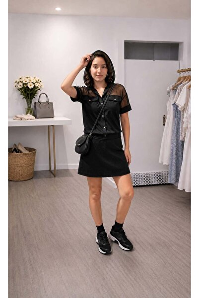 MARE BUTİK Black Mesh Detailed Hooded Jacket