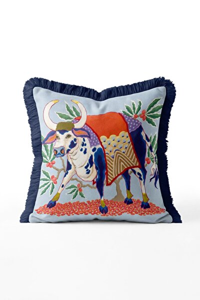IdeCraft Colorful Cow Pattern Fringed Throw Pillow Cover - Light Blue Backgro...