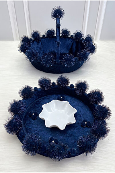 ZEYMERADE Navy Blue Bridal Velvet Henna Night Tray and Basket, with Glitter P...