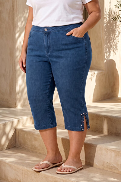 Lale Butik Plus Size Women's Below Knee Bead Embroidery Detail Jeans Capri 03...