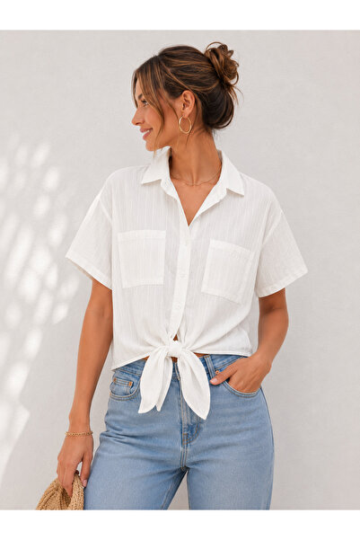 Basics&More Kadın Beyaz Keten Görünümlü Çift Cepli Kısa Kollu Oversize Gömlek