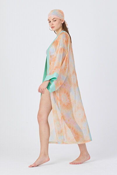 ZALİV Kadın Şifon Desenli Kimono Pareo Yeşil Plaj Kaftanı