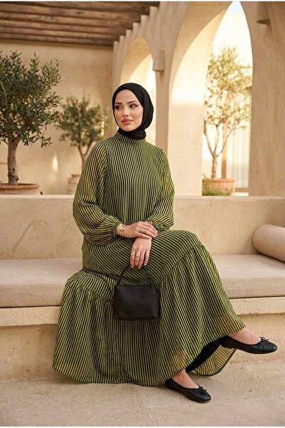 PALME D'OR Women's Striped Chiffon Dress with Separate Inner Lining Layered H...