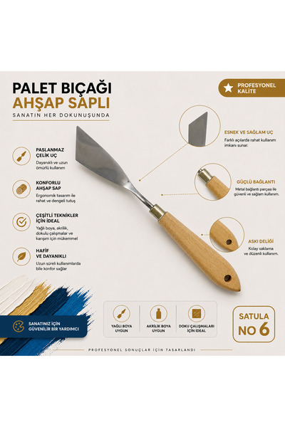 TOMBİ-X Ahşap Saplı Metal Spatula Yağlı Boya ve Akrilik Boya İçin NO:6