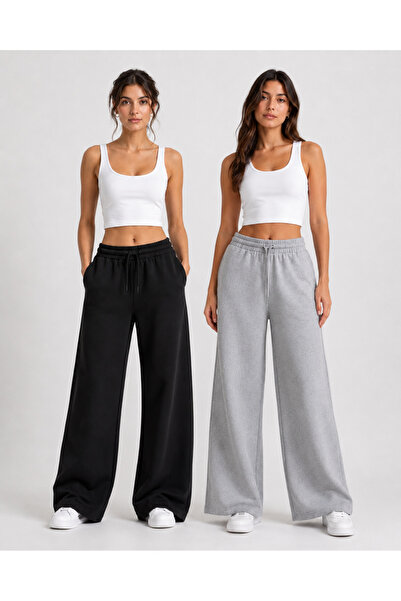 BERYY MODA Double Black and Gray Sweatpants Set - High Waist, Wide Leg, Comfo...