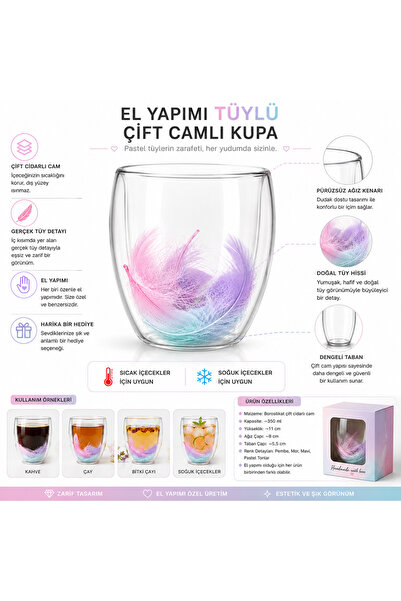 DoruCO El Yapımı Tüylü Çift Camlı Kupa bardak – Pastel Renkli Dekoratif Kahve...