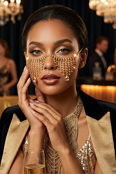 Veille Gold Parlak Taşlı Yüz Takısı Kristal Sallantılı Kadın Aksesuarı Festiv...