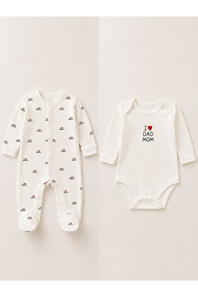 My Babies Label I Love Dad Mom Printed Beret 3-Piece Jumpsuit Set 100% Cotton
