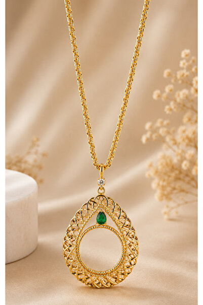 Vipfoni Zircon Stone Half Gold Pendant with Frame and Rope Chain 60 cm - M4