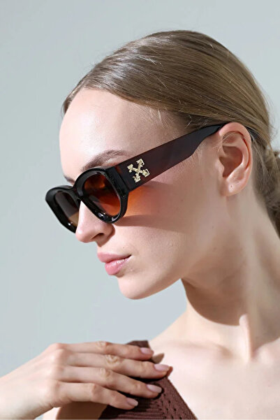 Violon Women's Oval Brown Frame Brown Glass Gold Detailed Sunglasses