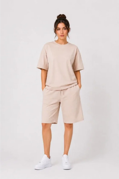 Wear Up Bottom Top Set Two Yarn Fabric Crew Neck T-Shirt with Pockets and Kne...