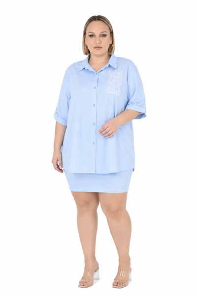 DARKWIN Plus Size Women's Buttoned Short Sleeve Collared Shirt with Embroider...