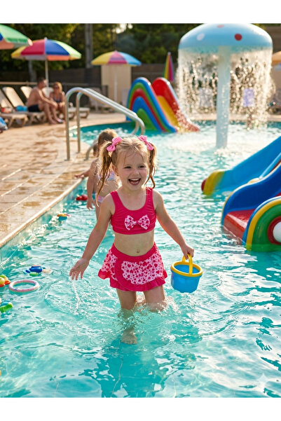 Lyrax Kız Çocuk Kırmızı Kalp Desenli Bikini Takımı