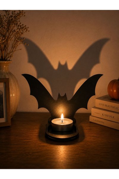 ArliaDesign Halloween Ahşap Mumluk Seti / Hayalet, Balkabağı ve Yarasa Dekoratif tealight Mumluk 13x 15 CM 3 MM Siyah MDF