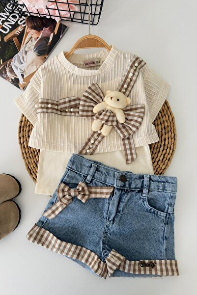 Minigimin Cicileri Girl's 3-Piece Set with Teddy Bear Detail and Denim Shorts...