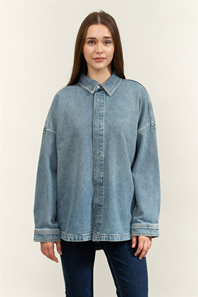 Calvin Klein Denim Boyfriend Shirt Overnight Kadın Kot Gömlek Mavi