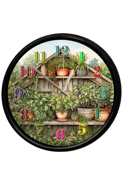 Caseras Decorative Wall Clock with Rustic Garden and Flowerpot Design 28 cm S...