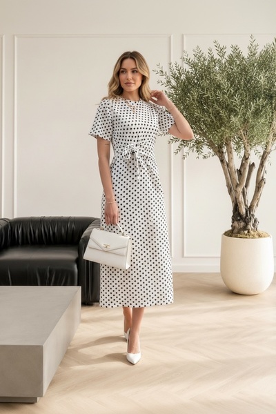 BELISTIL Women's Polka Dot Midi Length Belted Dress Modal Fabric Summer Styli...