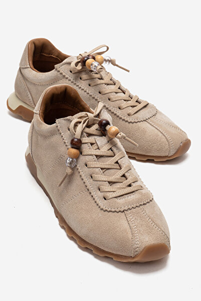 Ataköy Ayakkabı Kadın Hakiki Deri Boncuk Detaylı Sneakers Spor Ayakkabı Bej Süet