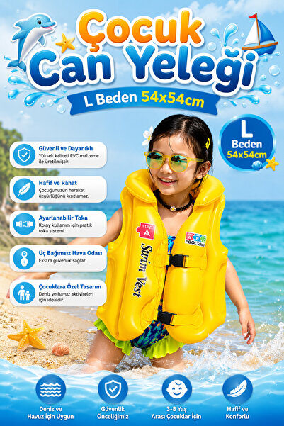 craftivio Inflatable Children's Life Vest L Size 54X54 cm 3-8 Years Old Sea a...