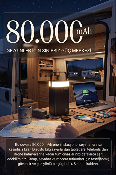 FaroxTech 80000 mAh Yüksek Kapasiteli Powerbank Kamp Seyahat İçin Taşınabilir Güç İstasyonu 30W PD