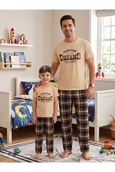 ALİŞ KİDS Father-Child Cotton Cream Color Bottom Plaid Pattern Short Sleeve C...