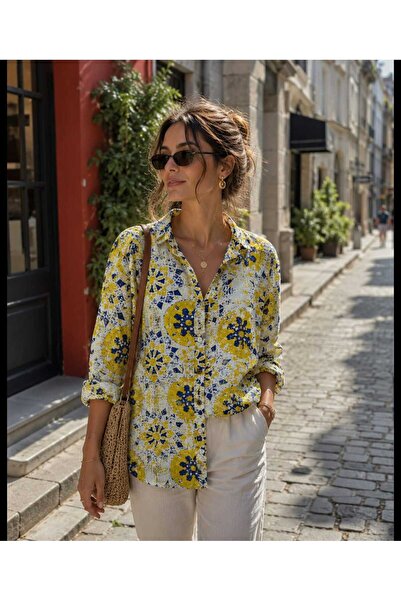 Budan Export Women's Patterned High Collar Loose Cut Summer Tunic Shirt Blouse