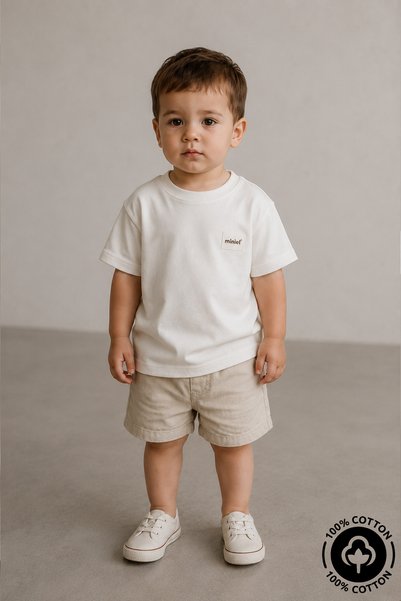 Miniel Unisex Crew Neck T-Shirt with Crest Detail, 100% Cotton, Oversize T-Shirt for Baby-Child