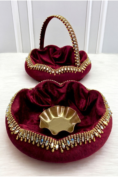 ZEYMERADE Burgundy Bridal Henna Night Tray Basket Set, Velvet Large Shiny Sto...