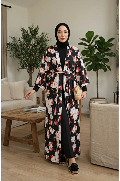 sefamerve Patterned Belted Kimono 1908-02 Black