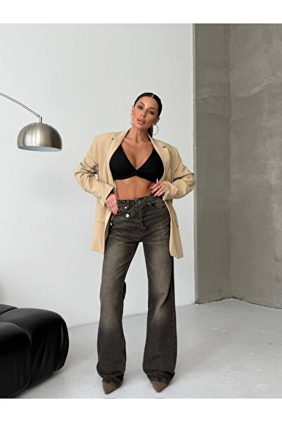HerTon Women's High Waist Cross Button Detailed Wide Leg Jean Pants