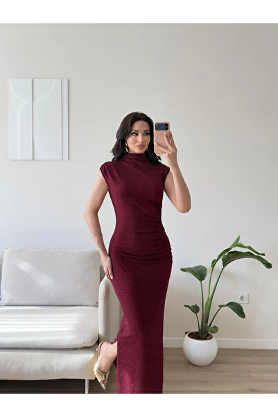 Zoom Butik Dik Yaka Simli Elbise - BORDO